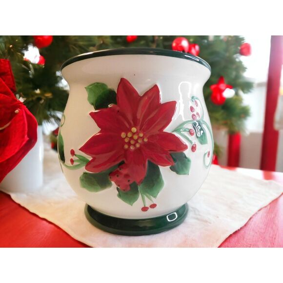 Christmas Poinsettia Ceramic Vintage Cookie Jar NO LID 7 1/2"T x 6 3/4"W - Picture 1 of 7
